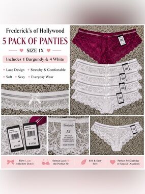 Frederick’s of Hollywood Lace Panty 5 Pack Plus Size 1X NWT White Burgundy